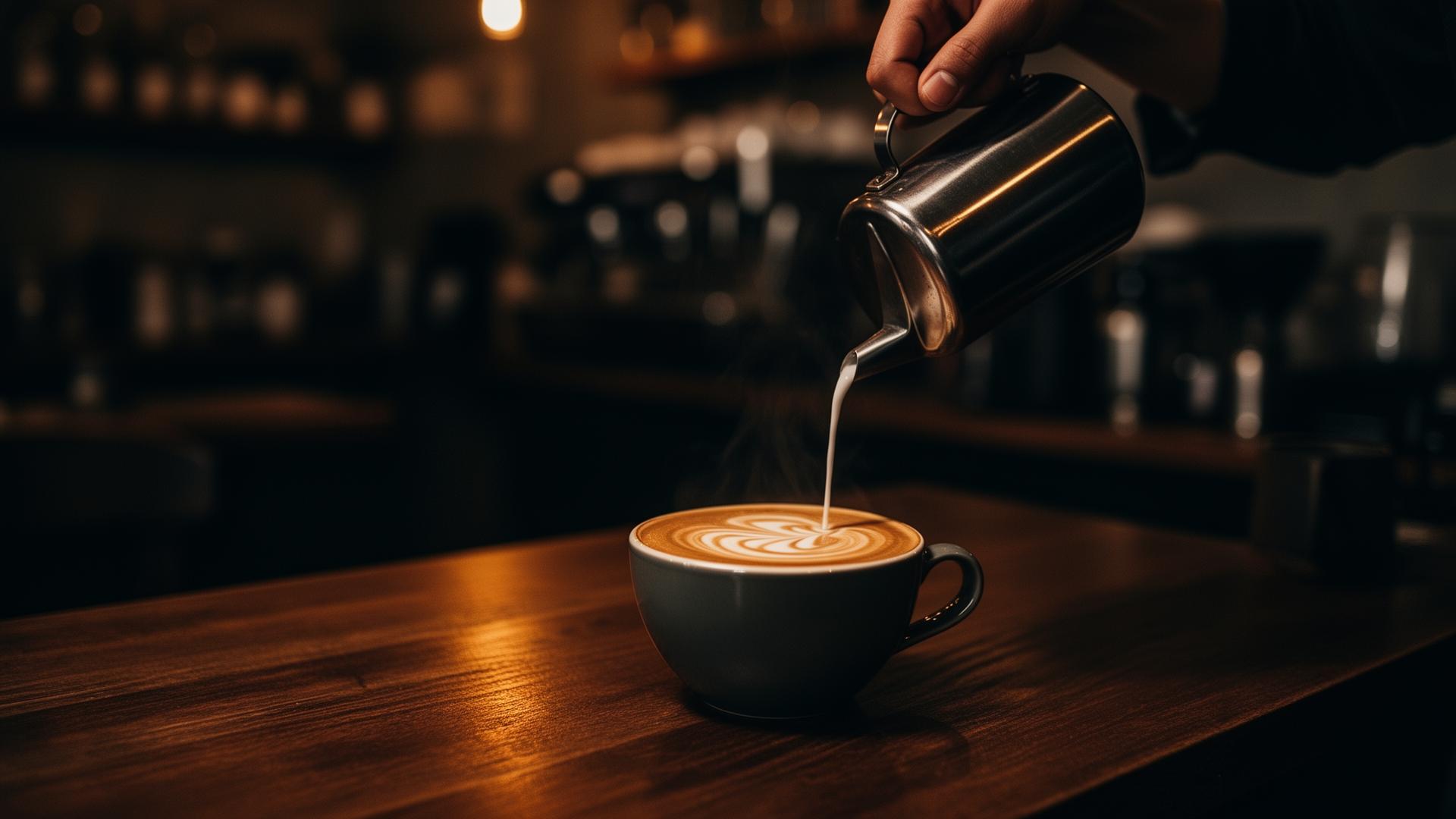 Barista pouring milk into a latte at Ati Cafe